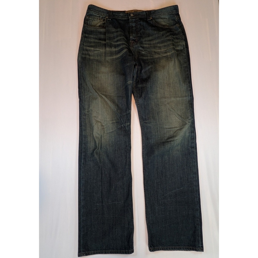 BKE Seth Mens Straight Leg Jeans Size 38 Dark Wash Button Fly Distressed Denim